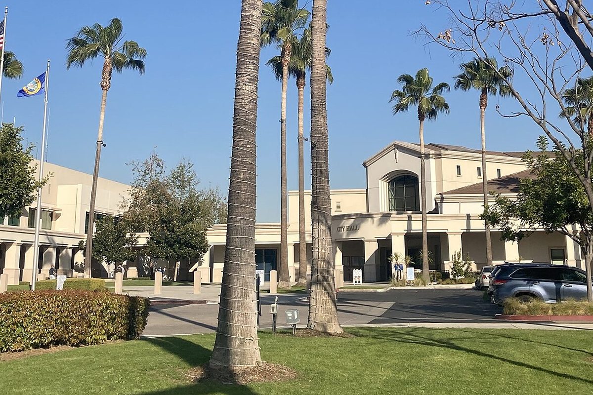 Buena Park City Hall with palm trees in Buena Park, California