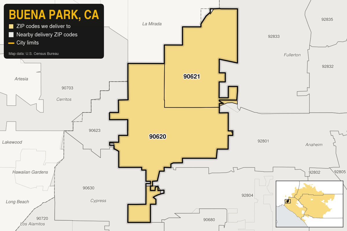 Map of Buena Park, CA showing the ZIP codes Kwiki Weed Delivery delivers to: 90620, 90621