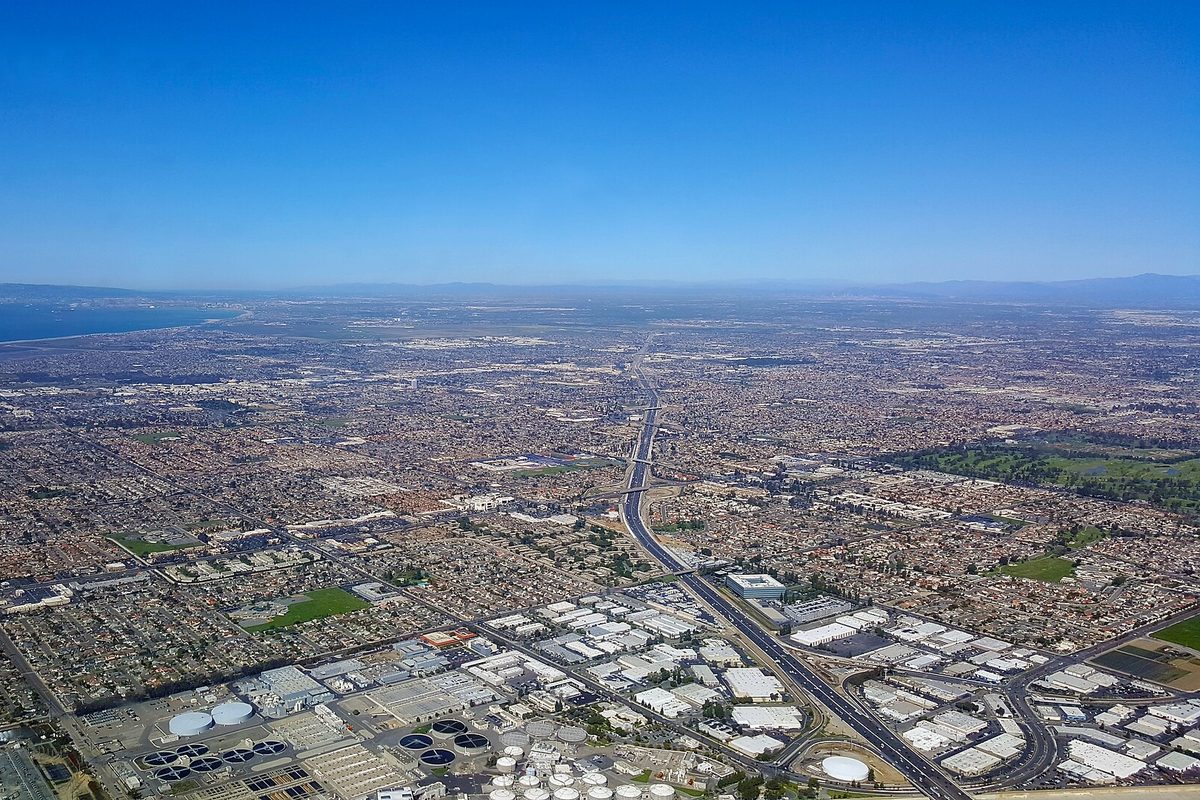Aerial view of Fountain Valley and Huntington Beach, California, toward the Pacific coast