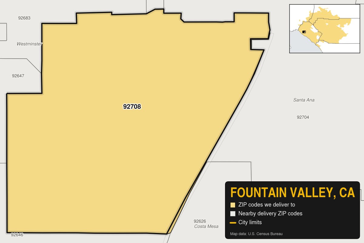 Map of Fountain Valley, CA showing the ZIP codes Kwiki Weed Delivery delivers to: 92708