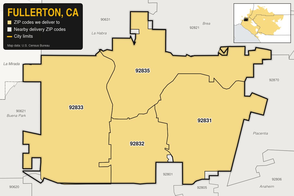 Map of Fullerton, CA showing the ZIP codes Kwiki Weed Delivery delivers to: 92831, 92832, 92833, 92835