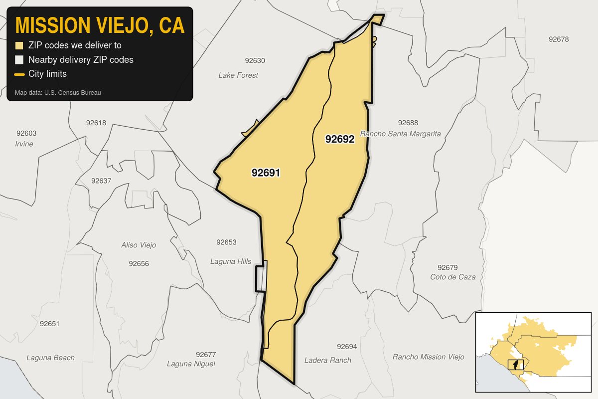 Map of Mission Viejo, CA showing the ZIP codes Kwiki Weed Delivery delivers to: 92691, 92692