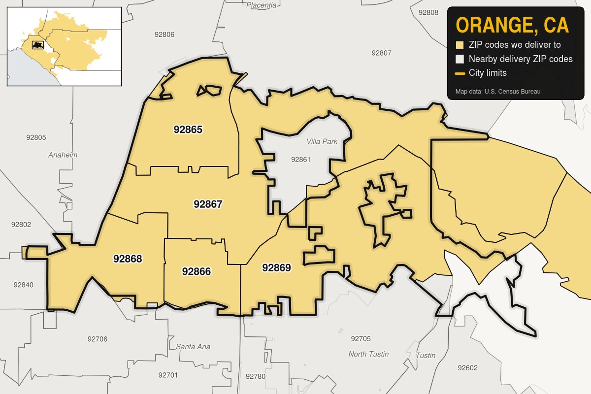Map of Orange, CA showing the ZIP codes Kwiki Weed Delivery delivers to: 92865, 92866, 92867, 92868, 92869