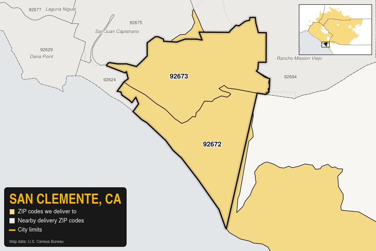 Map of San Clemente, CA showing the ZIP codes Kwiki Weed Delivery delivers to: 92672, 92673