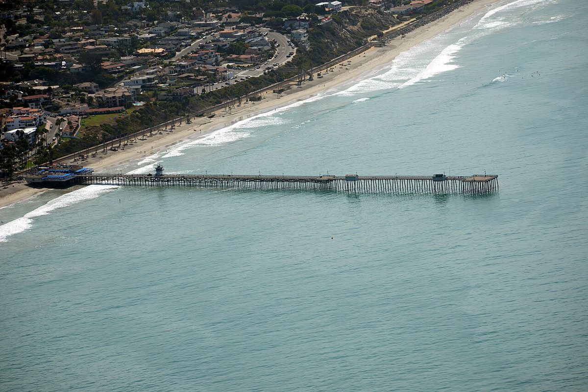 San Clemente Pier and beach seen from above in San Clemente, California