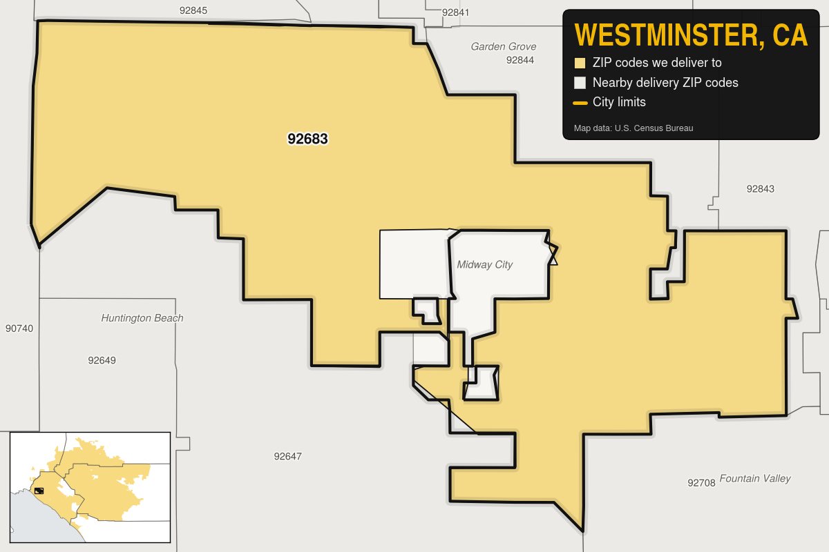 Map of Westminster, CA showing the ZIP codes Kwiki Weed Delivery delivers to: 92683