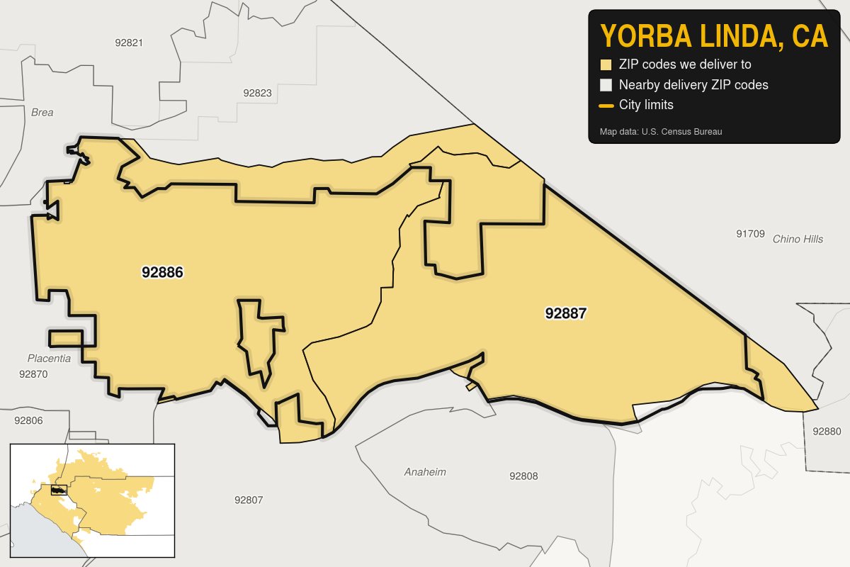 Map of Yorba Linda, CA showing the ZIP codes Kwiki Weed Delivery delivers to: 92886, 92887